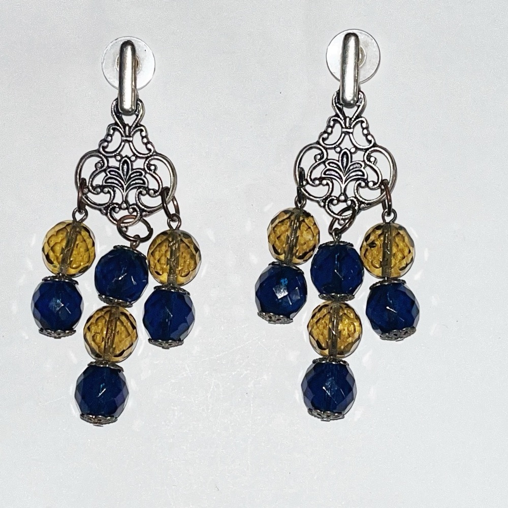Vintage Old Blue Glass, Silver Tone Chandelier Earrings